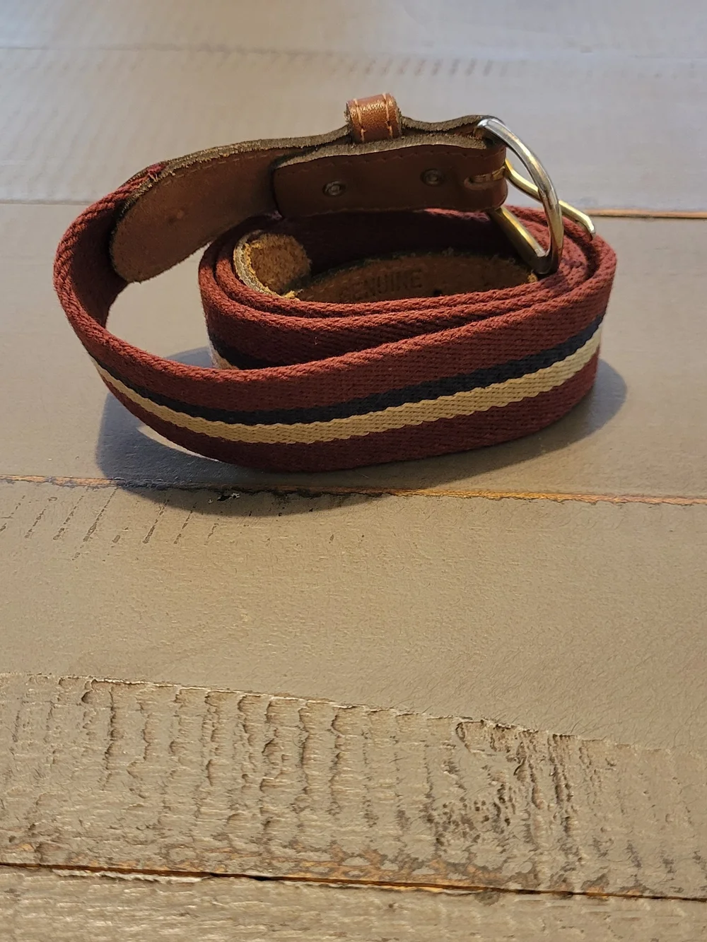 Men's Woven Stripe Casual Belt in Burgandy, Navy and Cream &Leather Trim